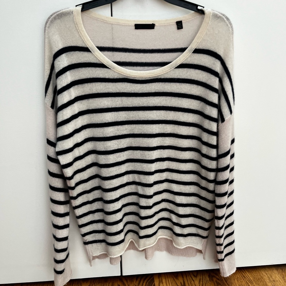ATM Classic Cream and Black Striped Crew Neck Cashmere Sweater